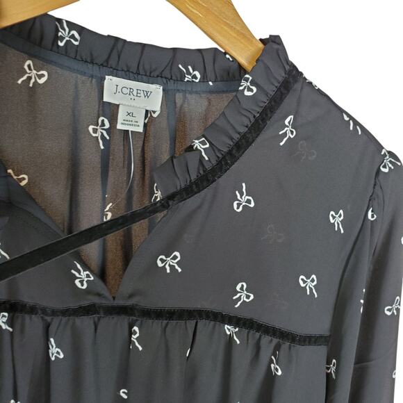 J Crew Velvet Tie Neck Top Bow Print Womens XL Black Ivory Blouse Long Sleeve - Picture 6 of 14